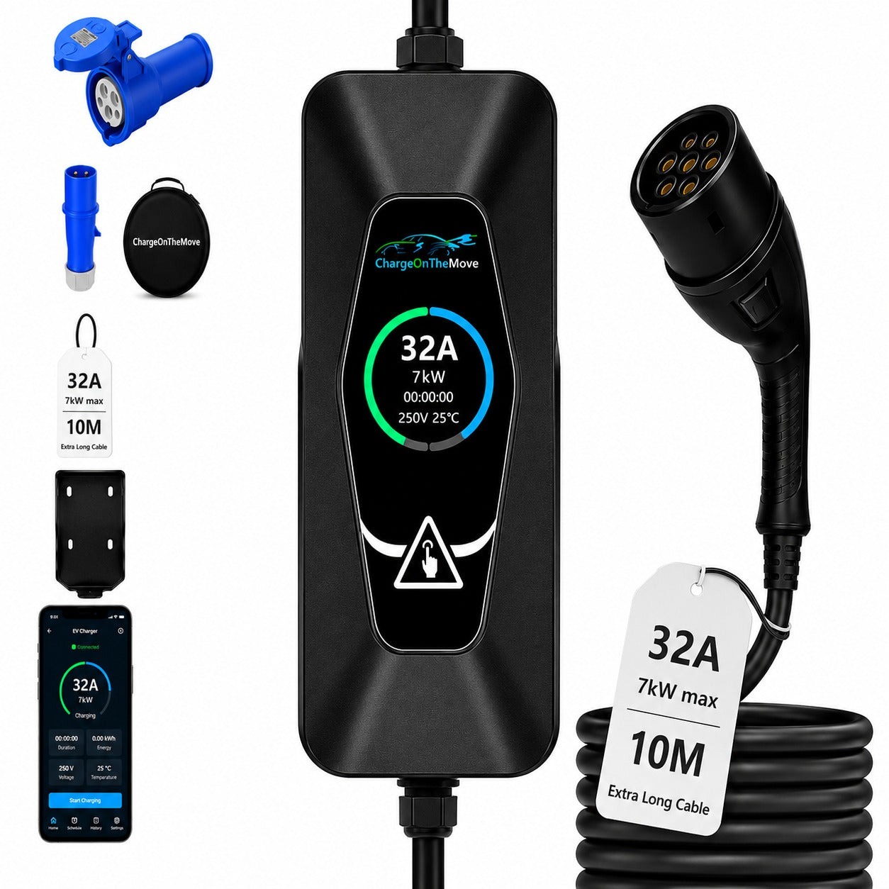 7 kW EV Charger Type 2 13AMP with wall mount , UK Industrial plug (CEE) 5 Meter/ 10 Meter Cable length Bluetooth/ Wifi App ChargeOnTheMove (MRS-EA2-07032AC)